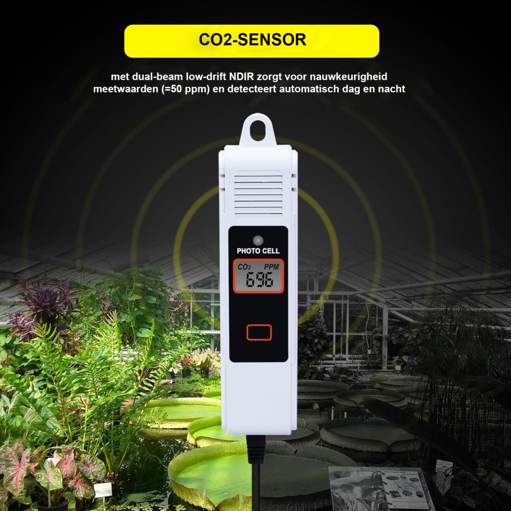 CO2 controller met dubbele uitgangen voor kweekruimte NDIR sensor CO2 monitor en ventilatieregeling met groot display en temperatuurregeling