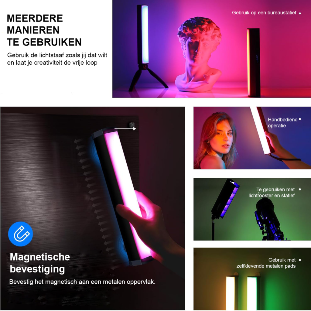 LED videolamp RGB lichtstaaf met app bediening, magnetische LED lichtbalk, full colour verlichting, 17 lichtscènes en oplaadbare 6400mAh batterij voor foto- en videografie.