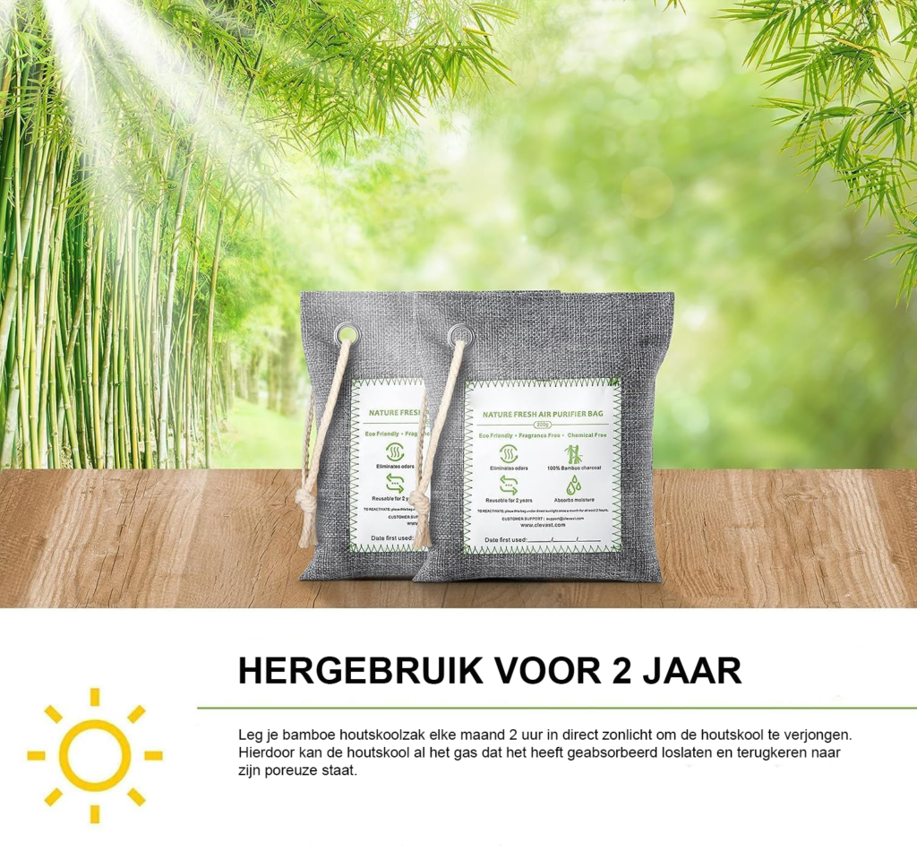 Bamboe luchtzuiveringszak set 4x200g natuurlijke geur- en vochtverwijderaar herbruikbaar voor huis auto badkamer en kelder