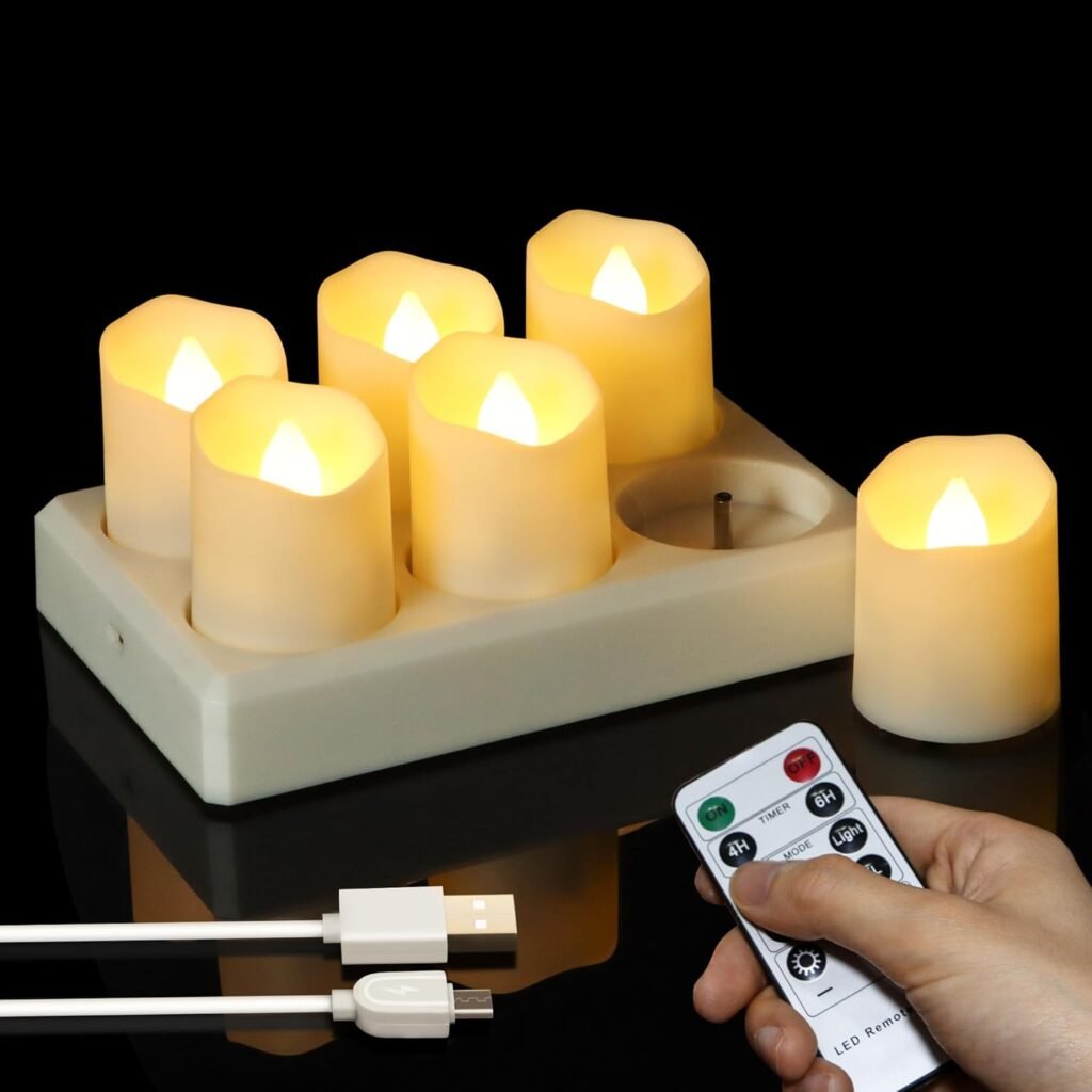 oplaadbare LED theelichten 6 stuks met oplaadstation en afstandsbediening warm wit vlam effect decoratie