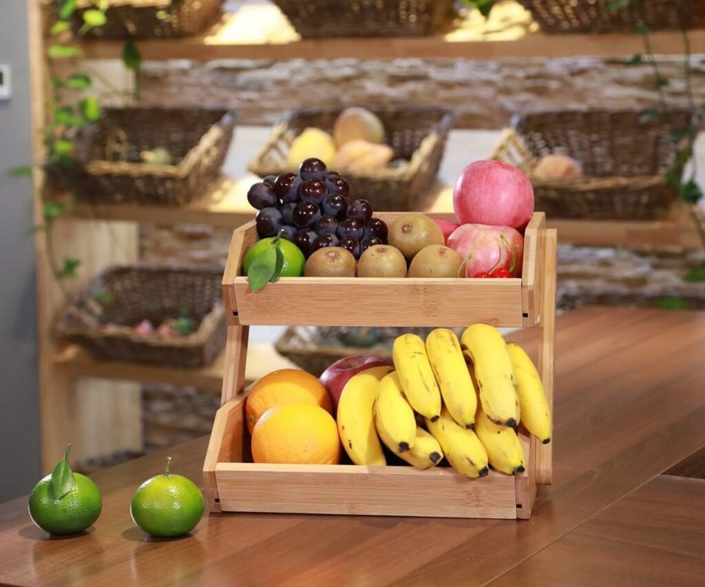 Bamboe 2-laags fruitmand en keuken organizer voor groente, snacks en brood met afneembare opbergrekken.