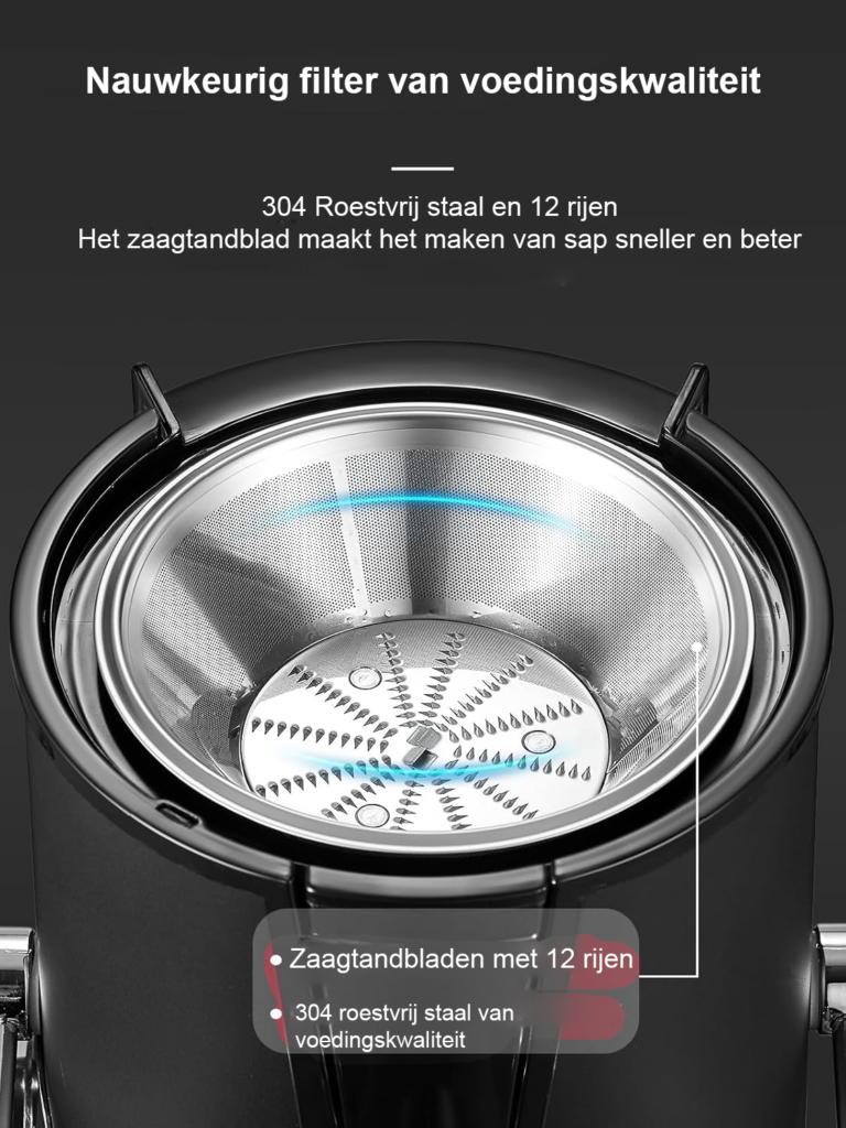 Fruit en groente juicer RVS 400W centrifugaal 65mm vulopening 3 snelheden antidruppel oververhitting bescherming alt tekst