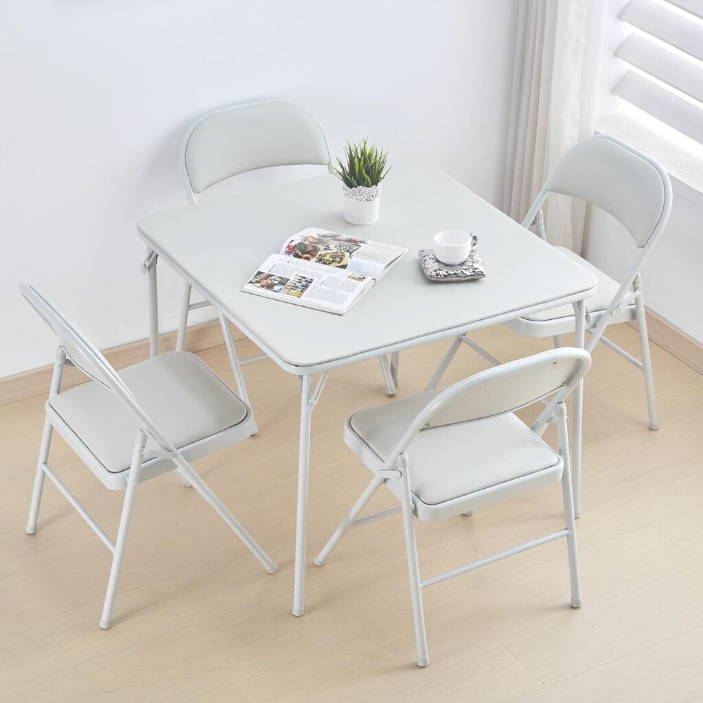 Vouwbare witte tafel 85 cm vierkant met vinyl blad en inklapbare poten draagbare eetkamertafel voor binnen en buiten gebruik