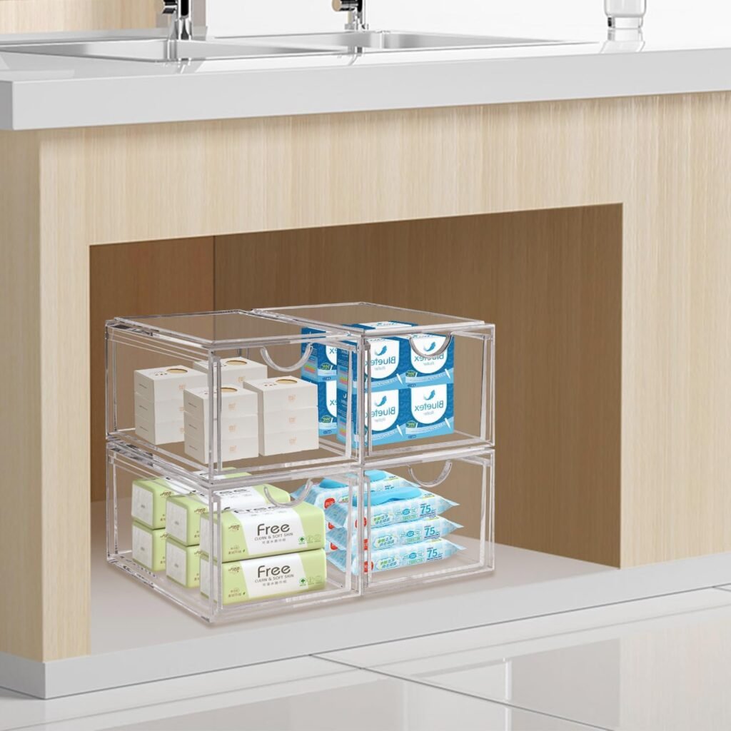 Compacte cosmetica organizer set van 2 met acryl lades voor make-up, huidverzorging en haaraccessoires op badkamer of kaptafel