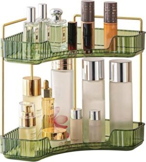 Hoekvormige badkamer organizer groen - make-up en skincare opbergrek met 2 lagen voor cosmetica en parfum