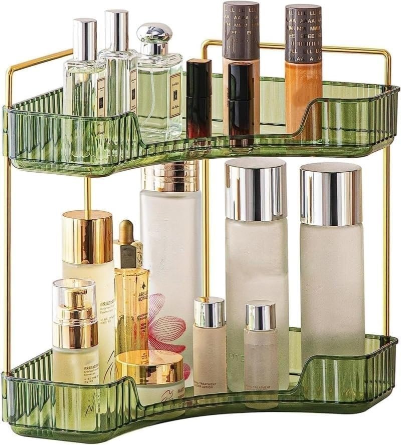 Hoekvormige badkamer organizer groen - make-up en skincare opbergrek met 2 lagen voor cosmetica en parfum