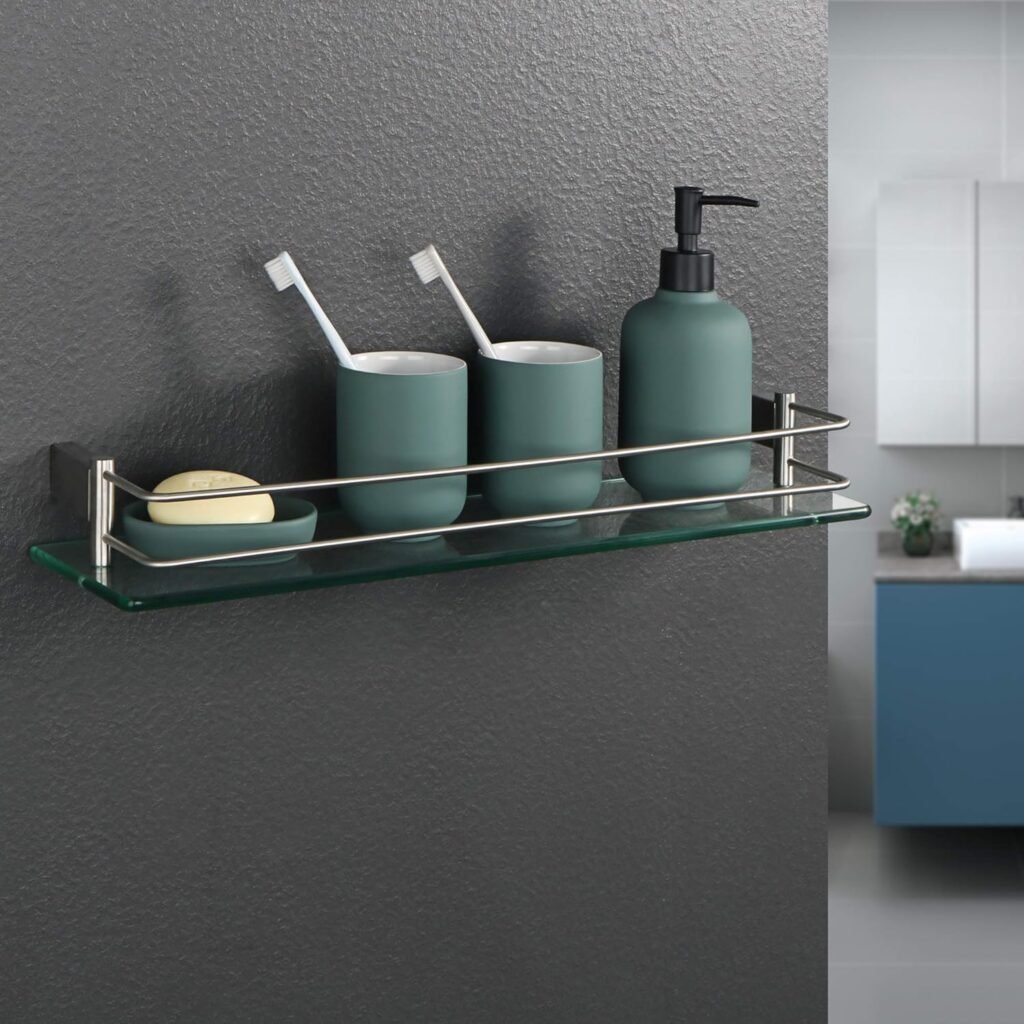 Glazen badkamerplank 50 cm van gehard glas met RVS reling zwevende wandplank 8 mm dik glas