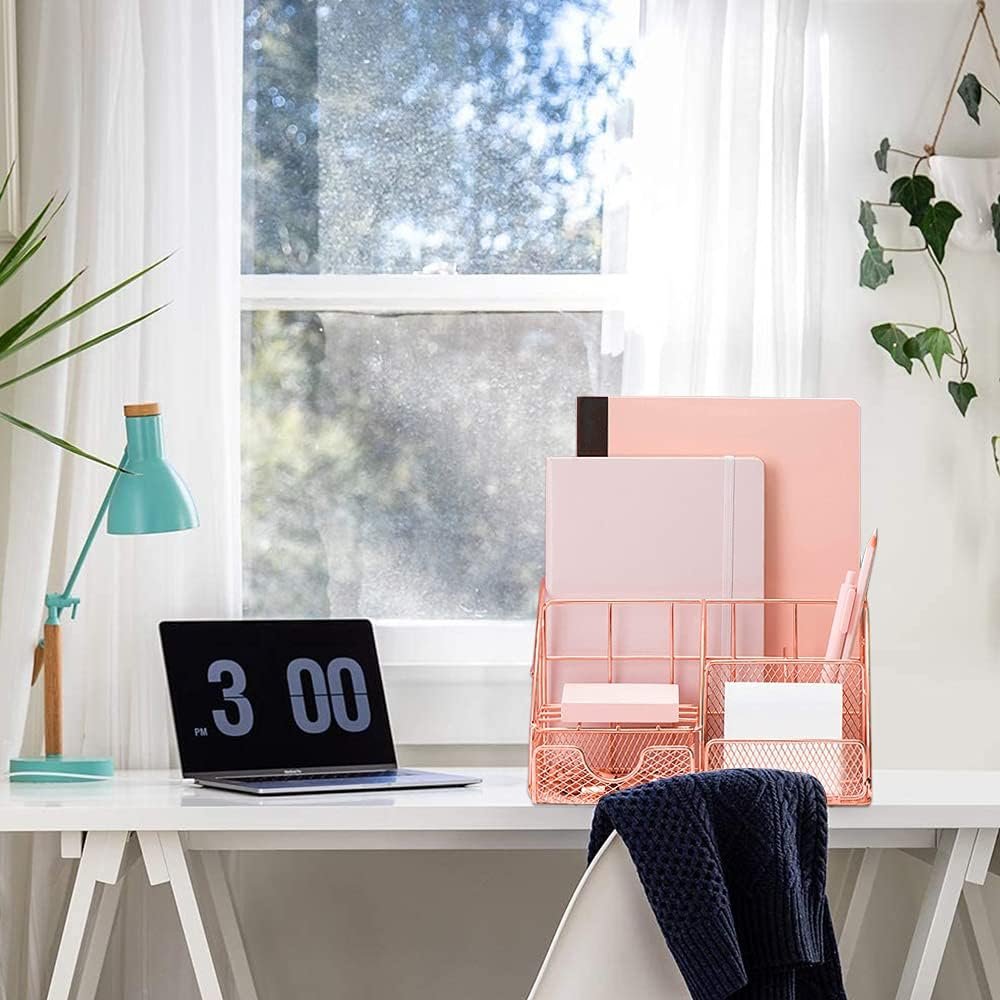 Roze gouden bureau organizer met pennenhouder telefoonhouder en opbergvak metaal kantoor en school accessoire