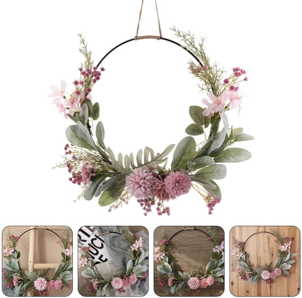 Kunstbloemen krans met eucalyptus op metalen ring roze deur en muurdecoratie lente en paaskrans wandkrans slinger