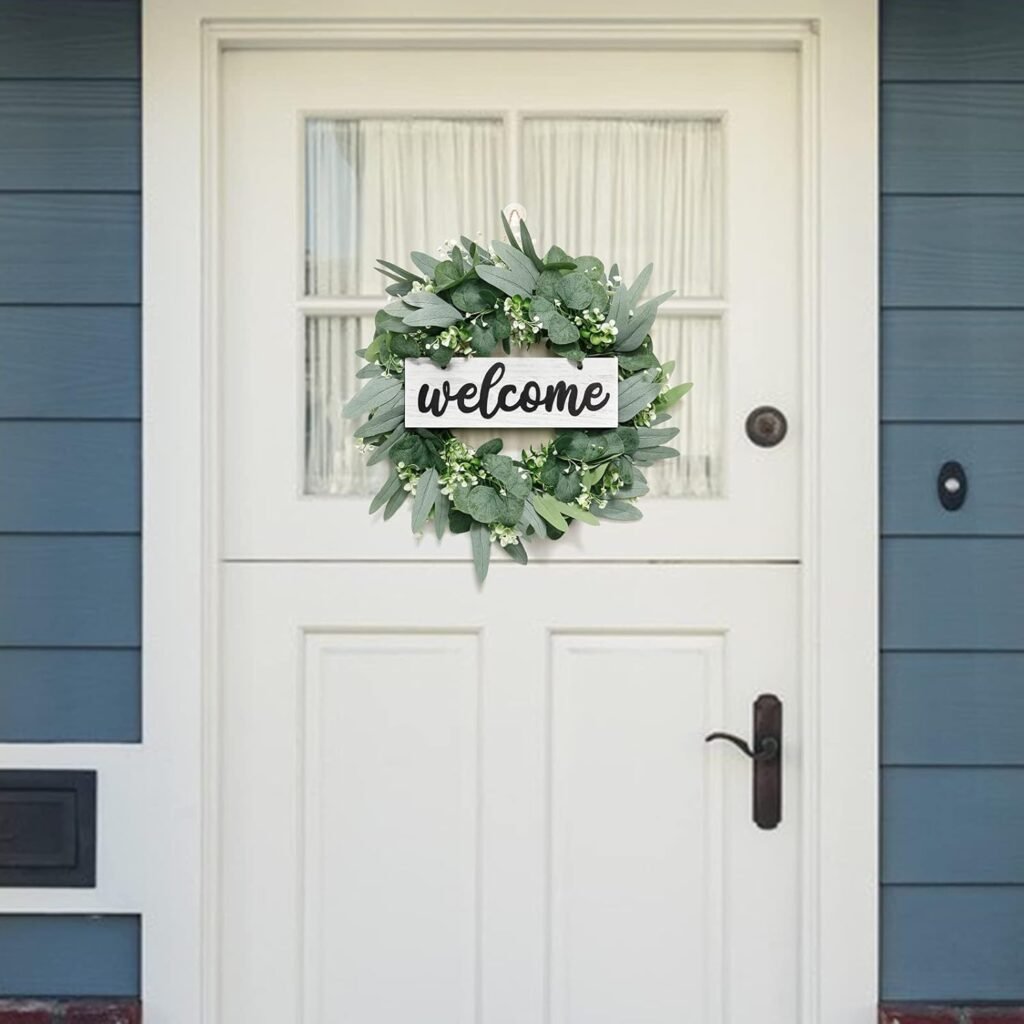 Eucalyptus krans voordeur - kunstkrans met welkom bord - wanddecoratie deurkrans groen - 46 cm lente en zomer decoratie