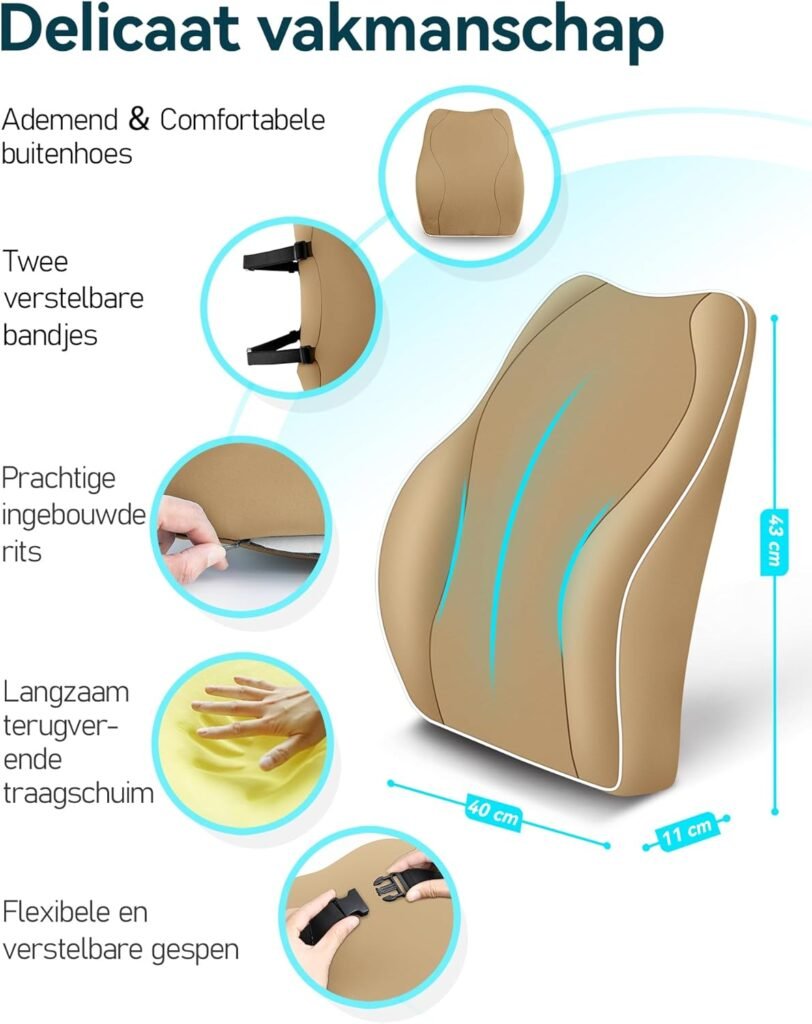 Ergonomisch rugkussen met traagschuim voor bureaustoel, auto en gaming stoel in khaki kleur