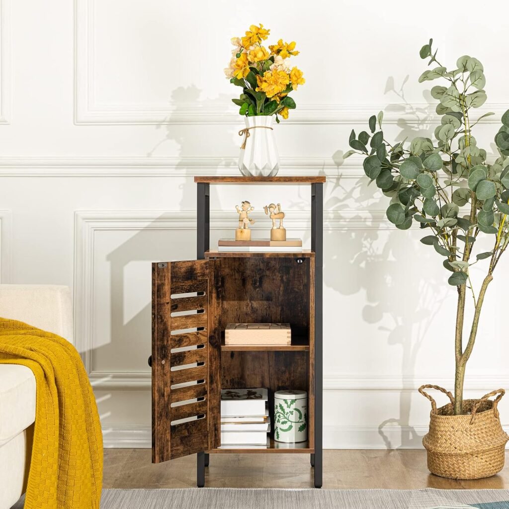 Sideboard kast met lade en verstelbare planken, zijkast met lamellen deur en stalen frame in vintage design voor woonkamer, keuken en badkamer