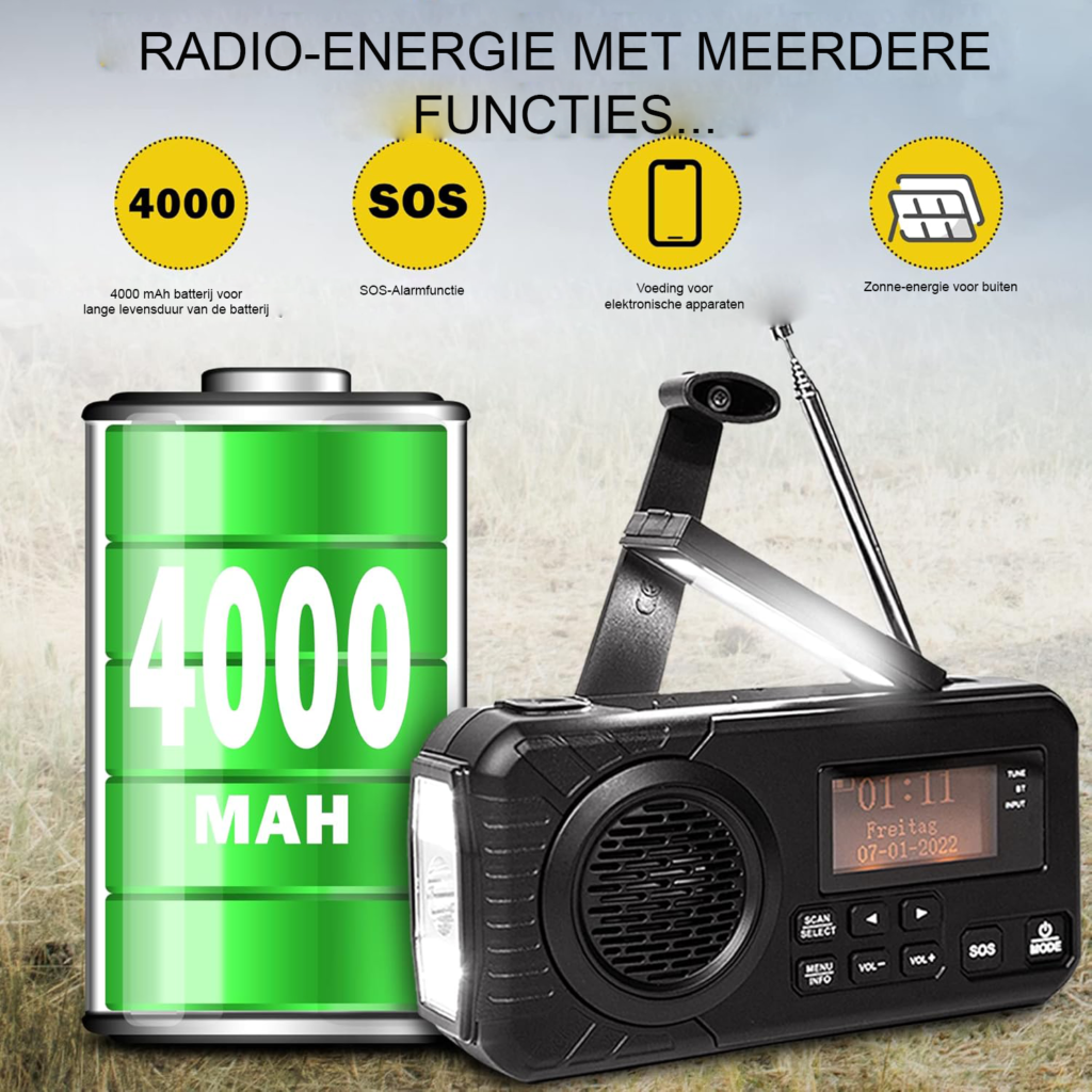 Zonne-energie noodradio DAB+ AM/FM met opwindbare dynamo, zaklamp, SOS alarm en powerbank voor camping en noodsituaties, draagbare oplaadbare weerradio