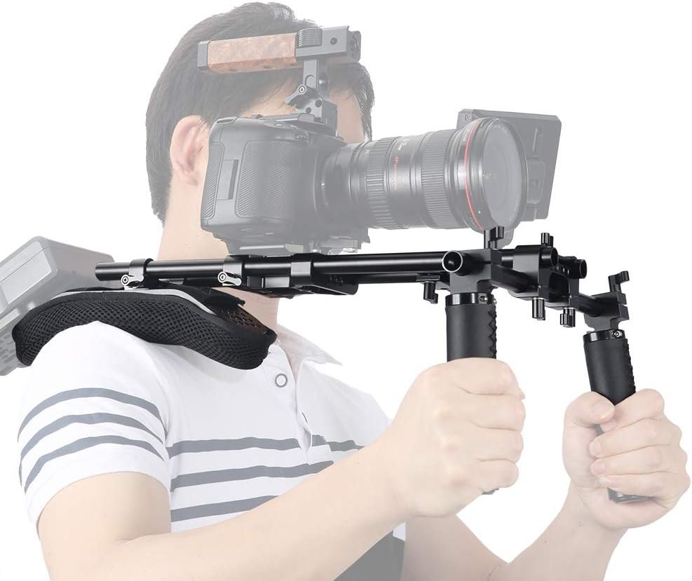 Schouder rig systeem voor camera met 15mm schouderpad, aluminium stangen en handgreep set voor DSLR en cinema camcorder ondersteuning op basisplaat