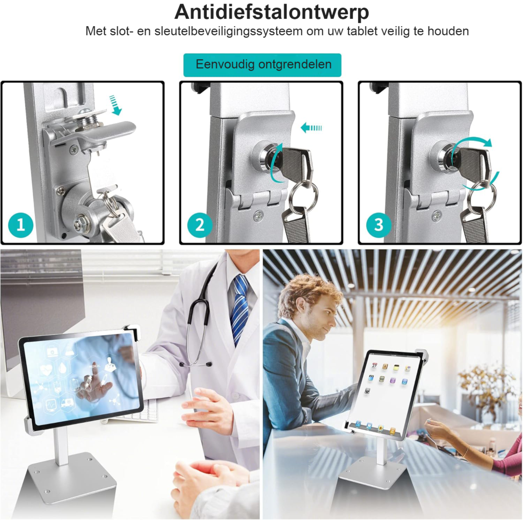 beveiligde tablet standaard met vergrendeling anti diefstal kiosk houder metalen tablet houder iPad Pro Air Surface Galaxy Tab winkel kantoor horeca gebruik
