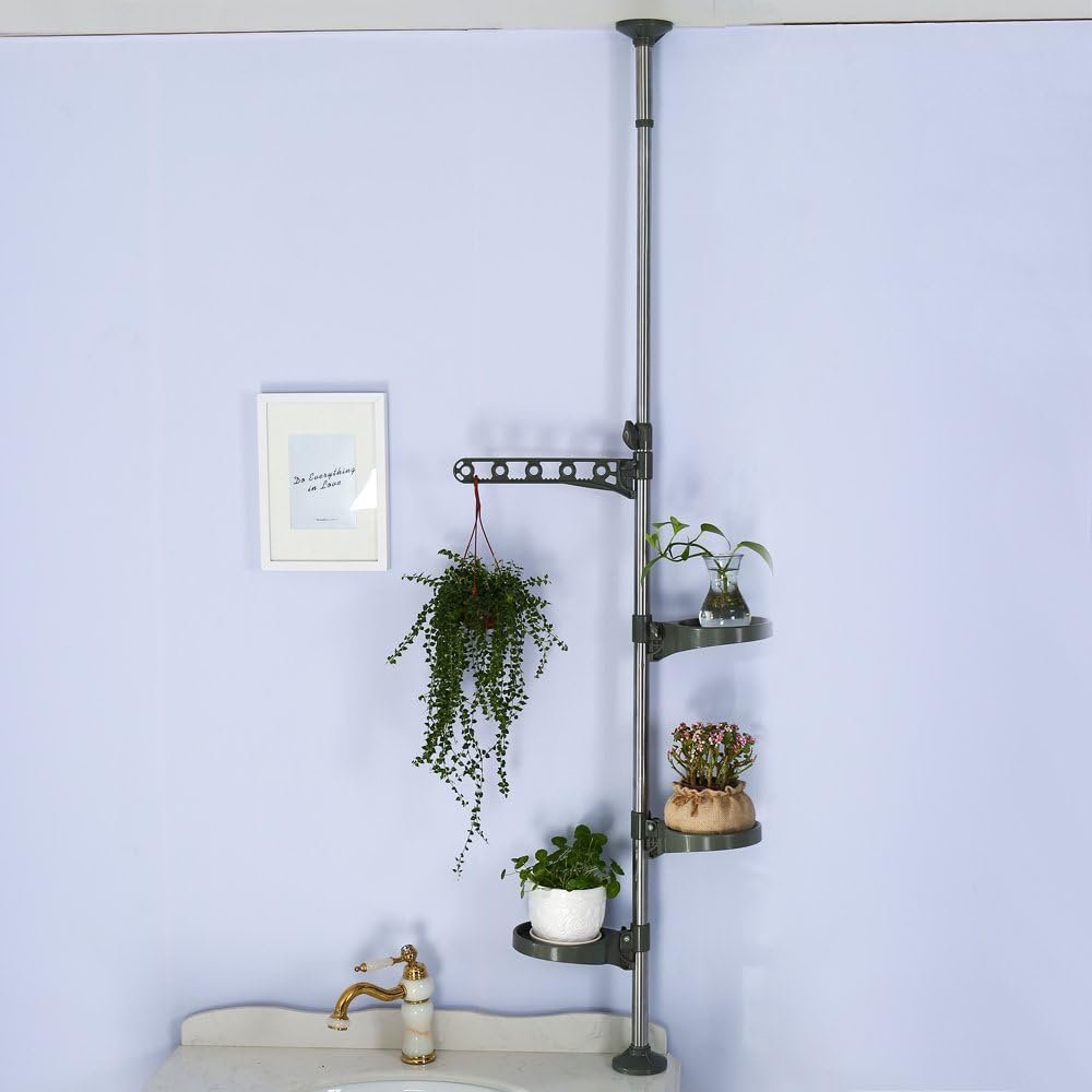 Telescopisch bloemenrek met 3 legplanken en 1 haak verstelbaar metalen plantenstandaard grijs voor woonkamer en balkon