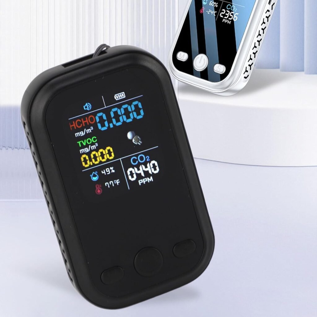 5-in-1 luchtkwaliteitsmeter met CO2 en temperatuur en luchtvochtigheid voor binnenruimtes – draagbare smart luchtmonitor zwart