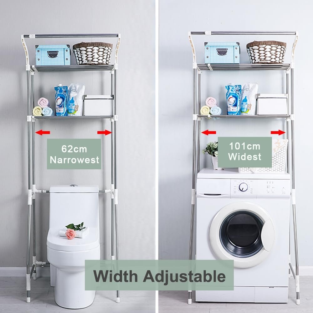 3-laags badkamer opbergrek boven toilet wasmachine ruimtebesparend verstelbare planken met hangstang ivoor multifunctioneel wasruimte rek