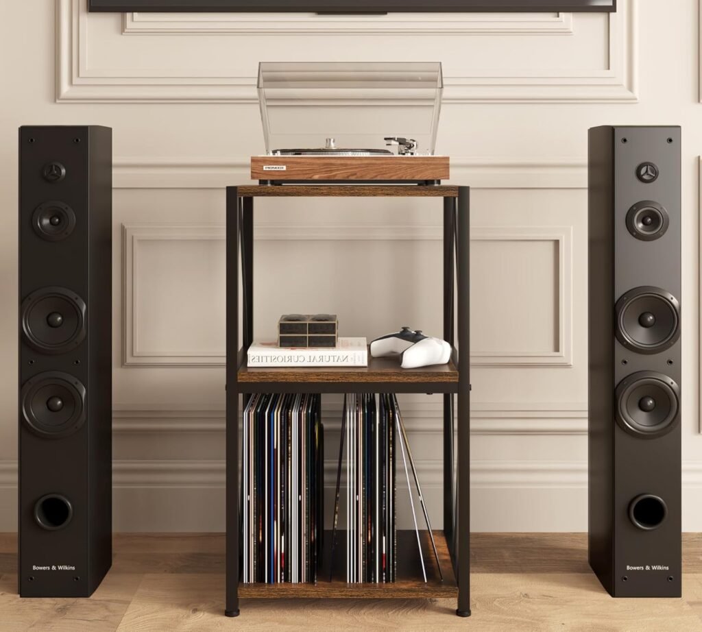 Platenspeler stand met 3-laags zijkast en vinyl opbergkast voor LP’s, turntable meubel voor woonkamer en slaapkamer opslag