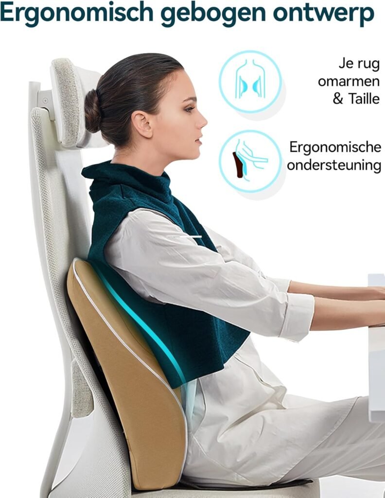 Ergonomisch rugkussen met traagschuim voor bureaustoel, auto en gaming stoel in khaki kleur