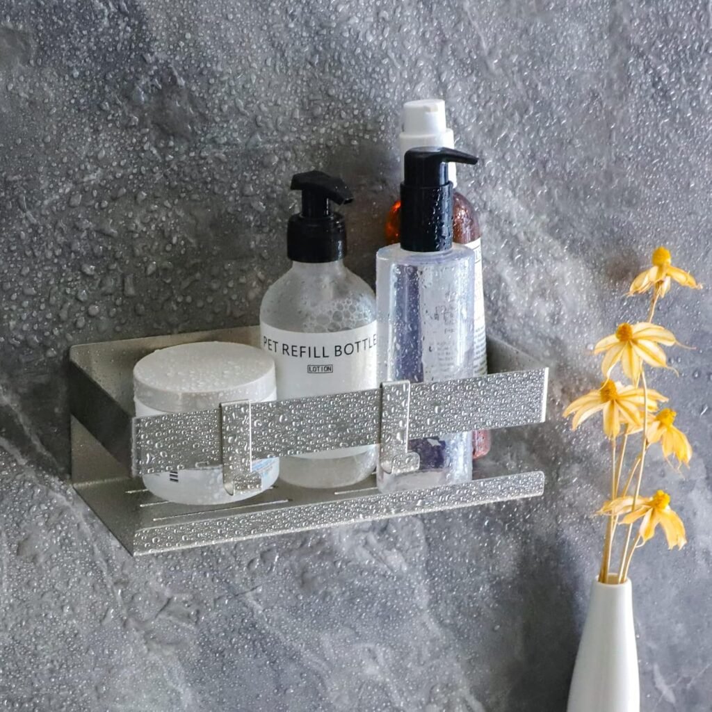 Roestvrijstalen douche plank zonder boren met zelfklevende montage en haakjes voor shampoo en douchegel badkamer opbergrek 23 cm