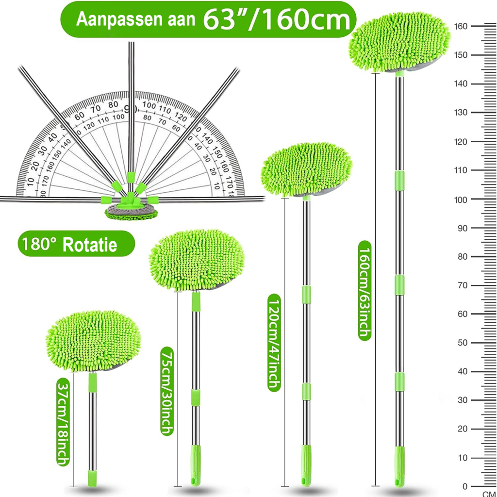 Telescopische auto wasborstel met chenille microvezel en uitschuifbare RVS steel voor het reinigen van auto en ramen