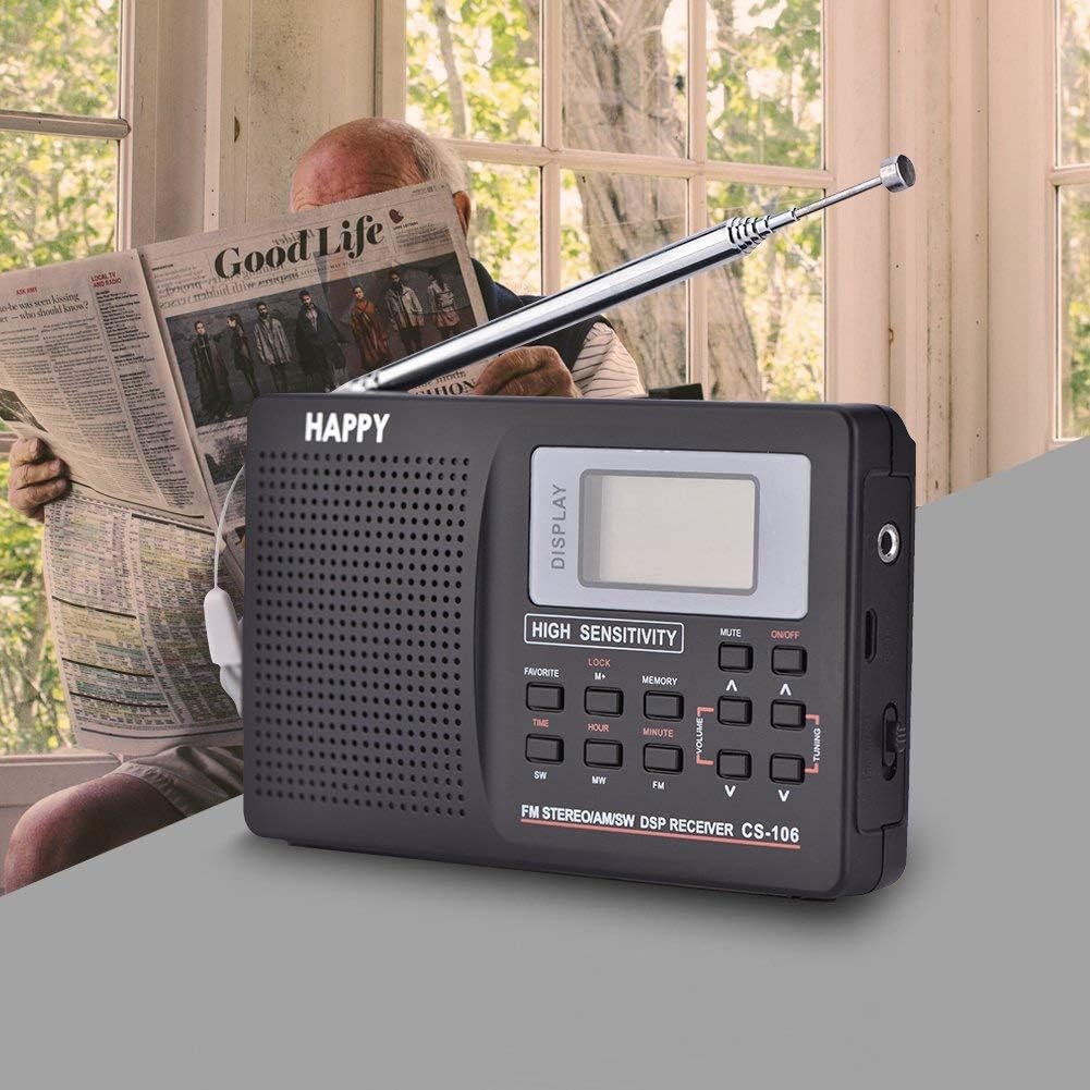 Draagbare mini zakradio AM FM SW LW compacte transistorradio met wekker en volledige frequentie ontvangst voor senioren en reizen zwart handheld radio toestel