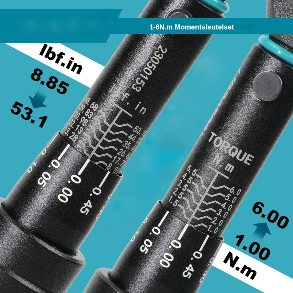 Momentsleutel 1/4 inch 1-6 Nm voor fiets en motorfiets met microinstelling, bitdoppen en verlengstang