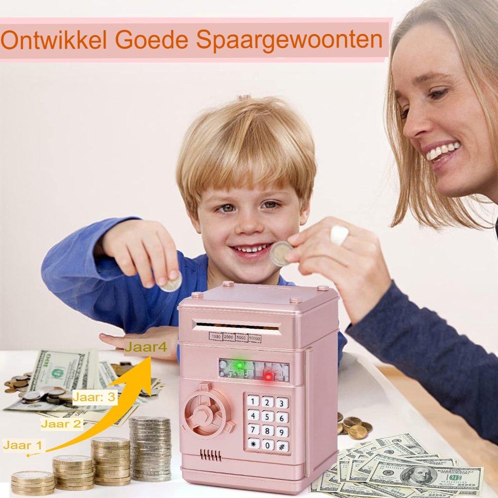 Kinder elektronische spaarpot met codeslot en geldrol - speelgoed geldkluis met pinpas voor kinderen 3-7 jaar roségoud