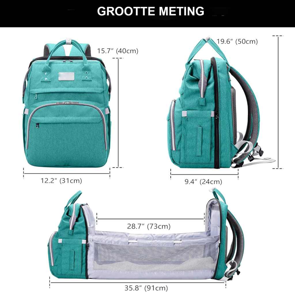 Mintgroene luiertas rugzak met grote capaciteit, opvouwbaar babybed, schaduwdoek en geïsoleerde flessenvakken voor baby's en reizen.