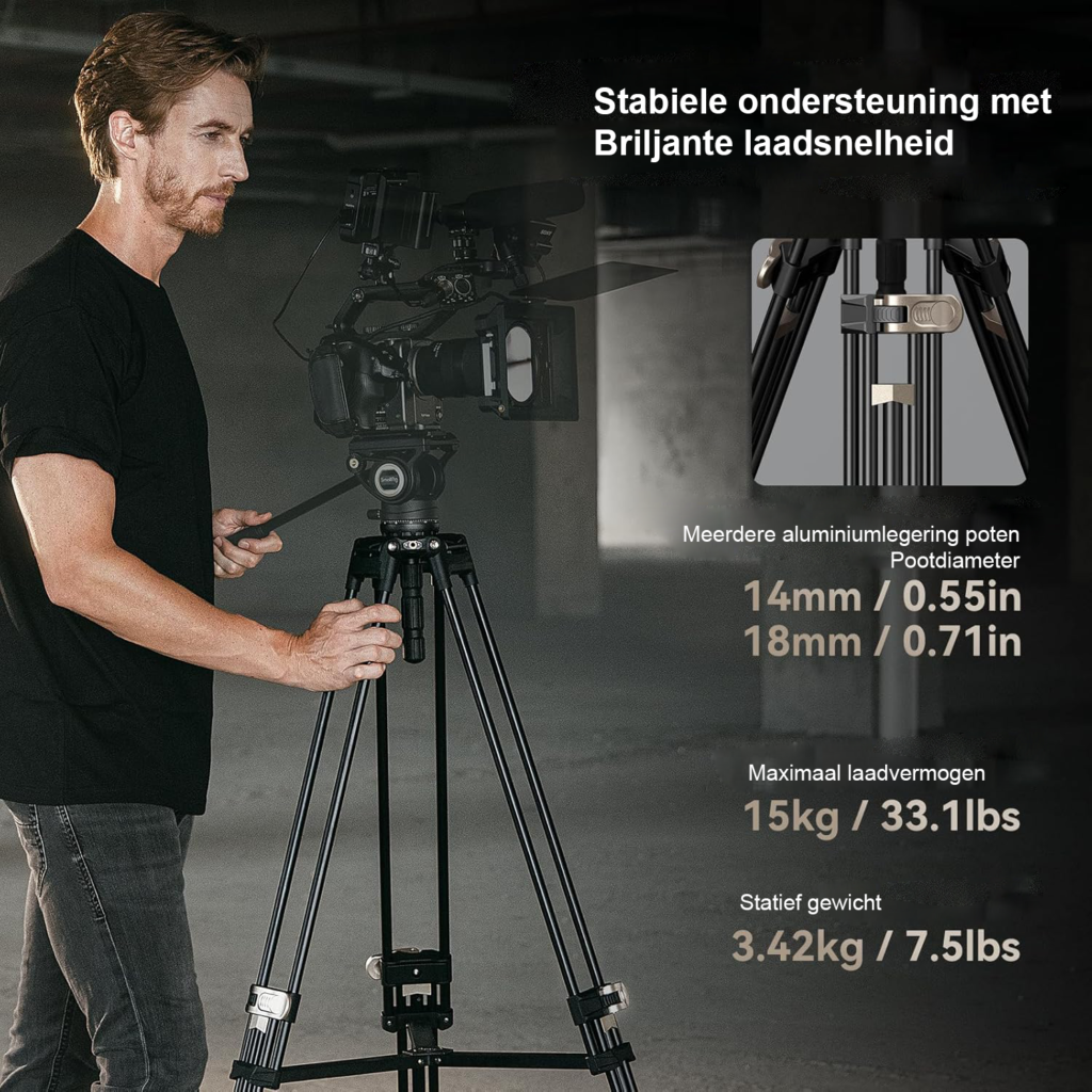 Professioneel aluminium videostatief van 179 cm met 75 mm bowl adapter, geschikt voor DSLR en camera's tot 15 kg draagvermogen
