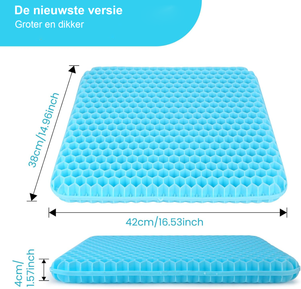 Gel zitkussen dubbel laags met antislip ademend bureaustoel kussen voor ergonomisch zitcomfort 43x39x4 cm azuurblauw