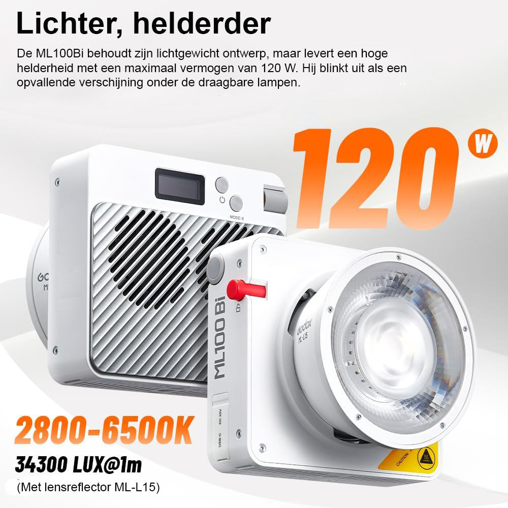 SEO geoptimaliseerde alt tekst: LED videolamp 120W dimbaar 2800K-6500K USB-C oplaadbaar CRI 97 TLCI 98 film livestream fotografie