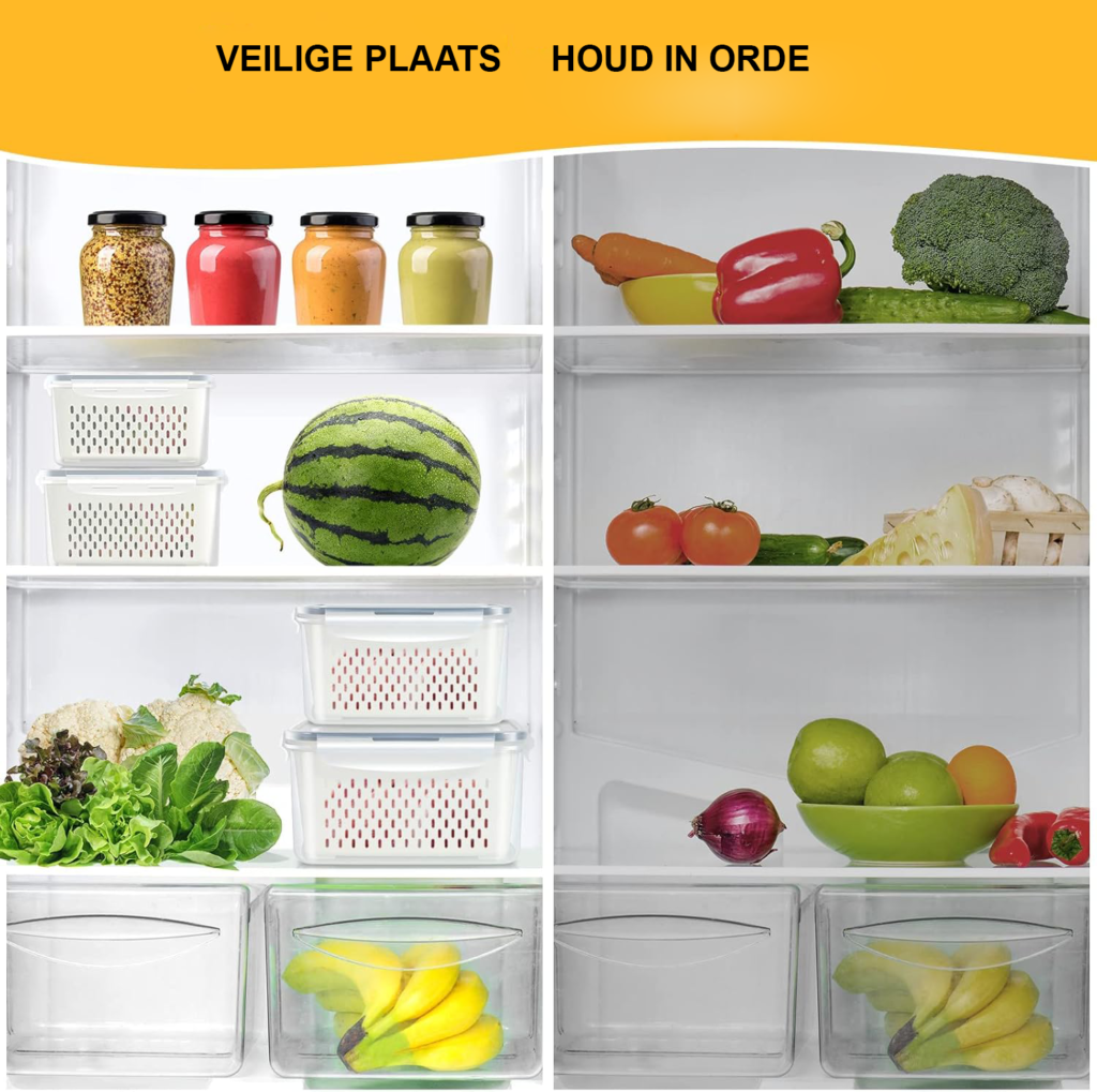 Fruitbewaarcontainer set koelkast 4 stuks stapelbare groente en fruit opbergbox met zeef kunststof keuken organizer