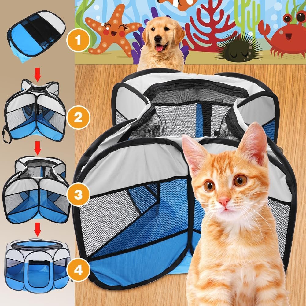 Opvouwbare hondenren 74x74x43 cm blauw waterdichte speelren voor katten konijnen en kleine dieren binnen en buiten gebruik draagbaar