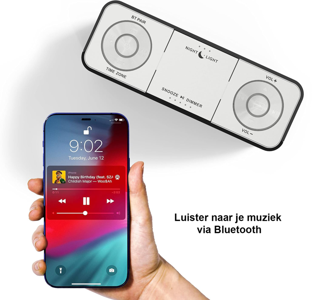 Wekkerradio met digitaal display, dimmerbediening, slaap- en radiotimer en back-up batterij in compact formaat voor nachtkastje.