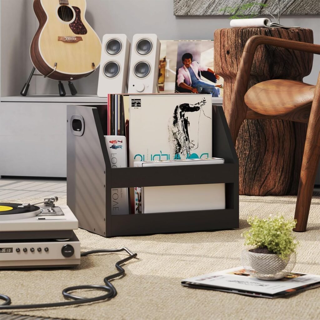 Houten vinyl platen opbergbox met handvat – LP organizer voor albums, boeken en foto’s – trapezium design zwart 38 x 29 x 29 cm