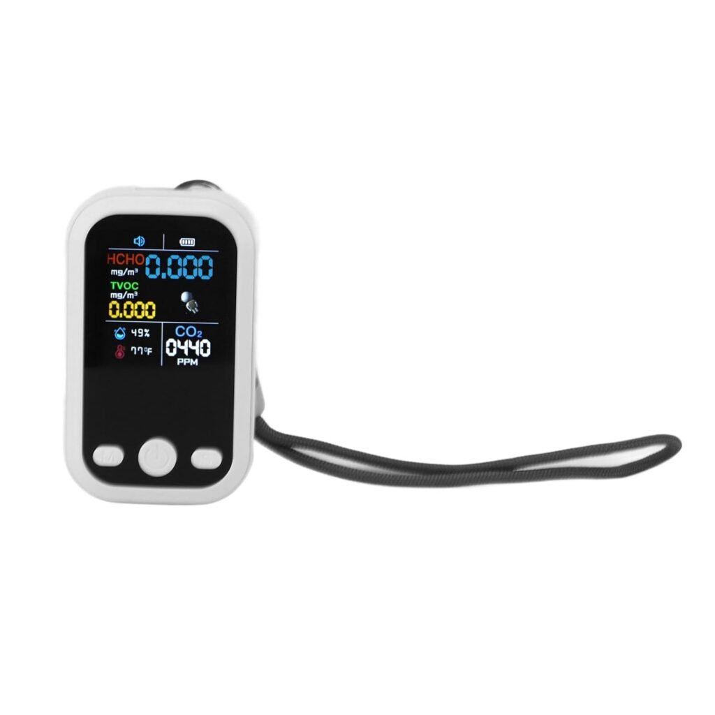 5-in-1 luchtkwaliteitsmeter wit met CO2 sensor, temperatuur- en vochtigheidsmeter voor thuis, kantoor en auto, draagbare luchtmonitor