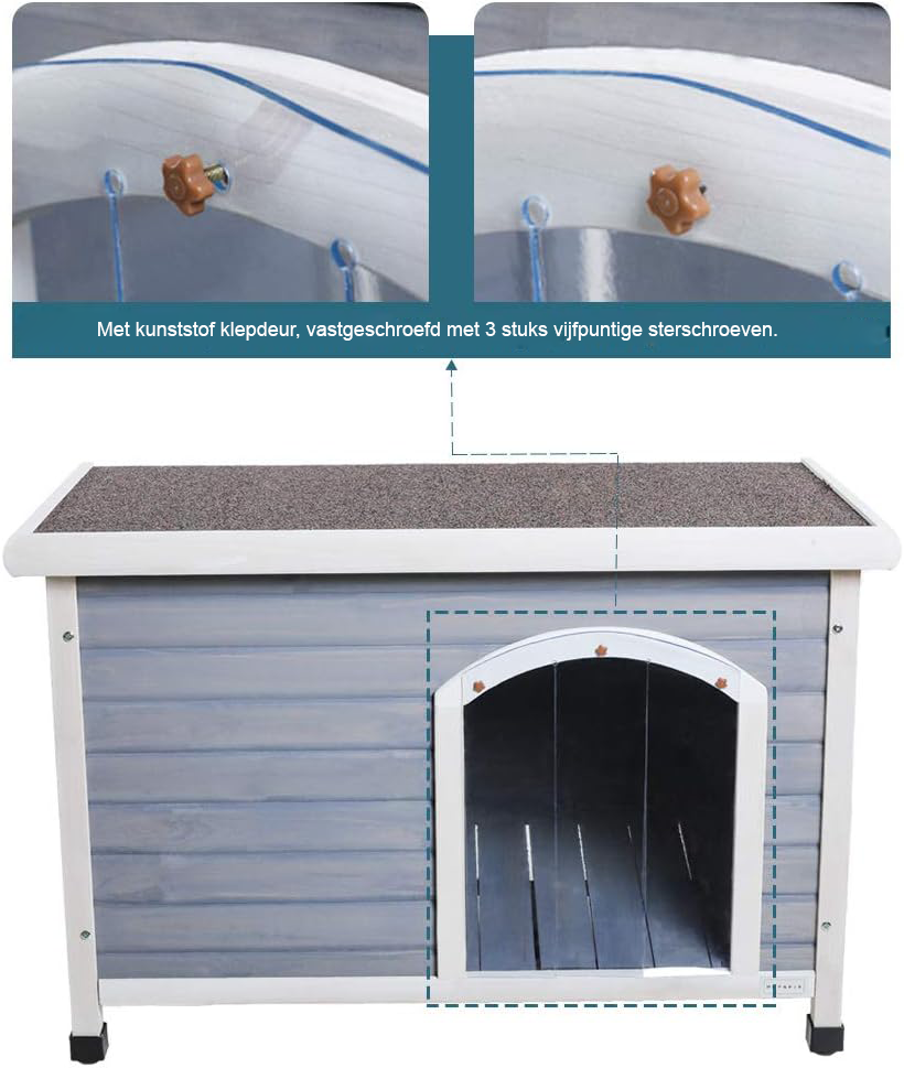 compact SEO geoptimaliseerd houten hondenhok met verwijderbare bodem grijs 96x61x70 cm buiten hondenhuis zadelkap weerbestendig voor grote honden