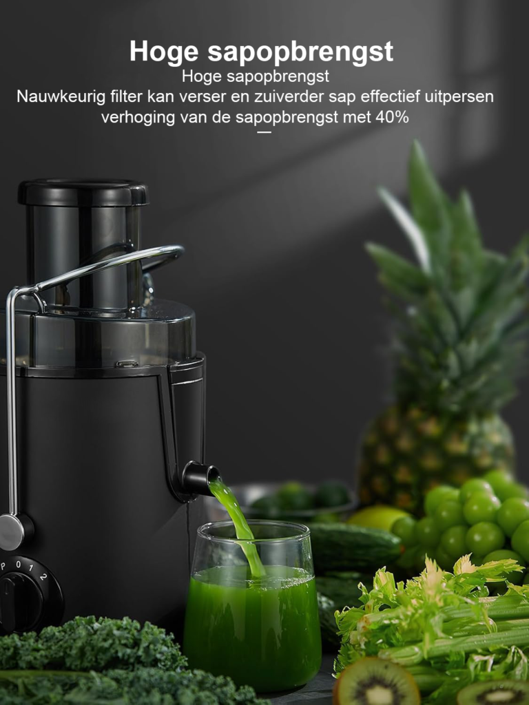 Fruit en groente juicer RVS 400W centrifugaal 65mm vulopening 3 snelheden antidruppel oververhitting bescherming alt tekst