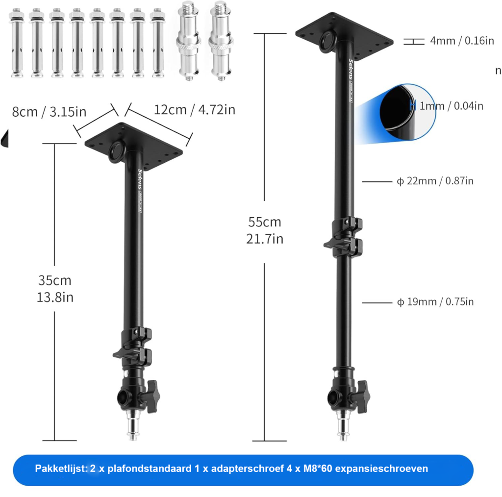 Verstelbare wandmontage arm set 55 cm voor foto- en videostudio met universele adapter voor softbox, reflector, paraplu en flitslicht, 2 stuks.