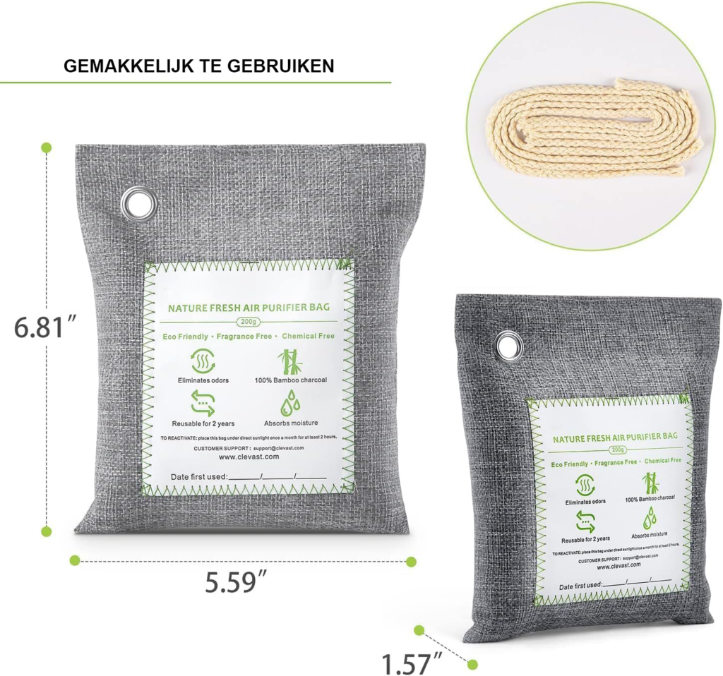 Bamboe luchtzuiveringszak set 4x200g natuurlijke geur- en vochtverwijderaar herbruikbaar voor huis auto badkamer en kelder