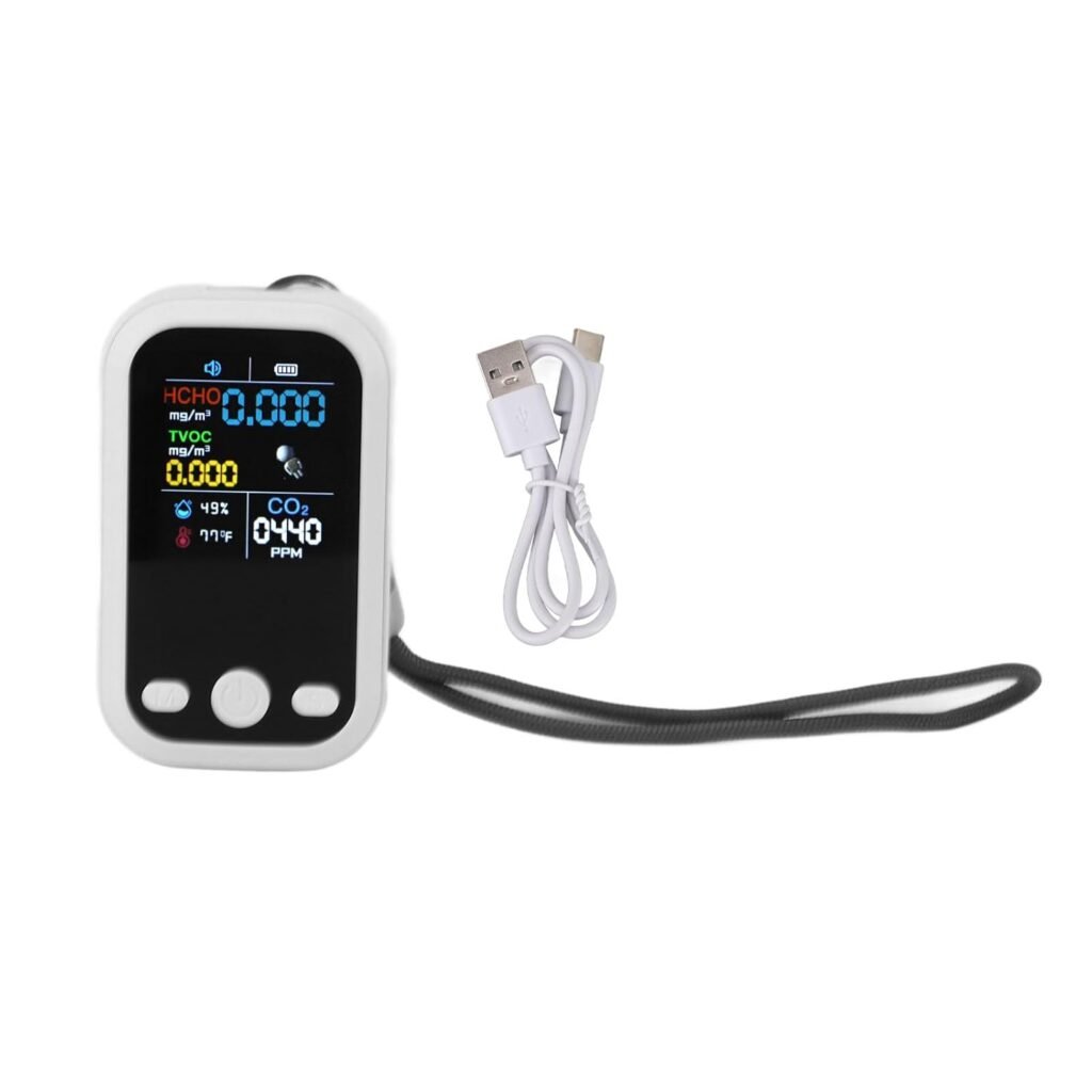 5-in-1 luchtkwaliteitsmeter wit met CO2 sensor, temperatuur- en vochtigheidsmeter voor thuis, kantoor en auto, draagbare luchtmonitor