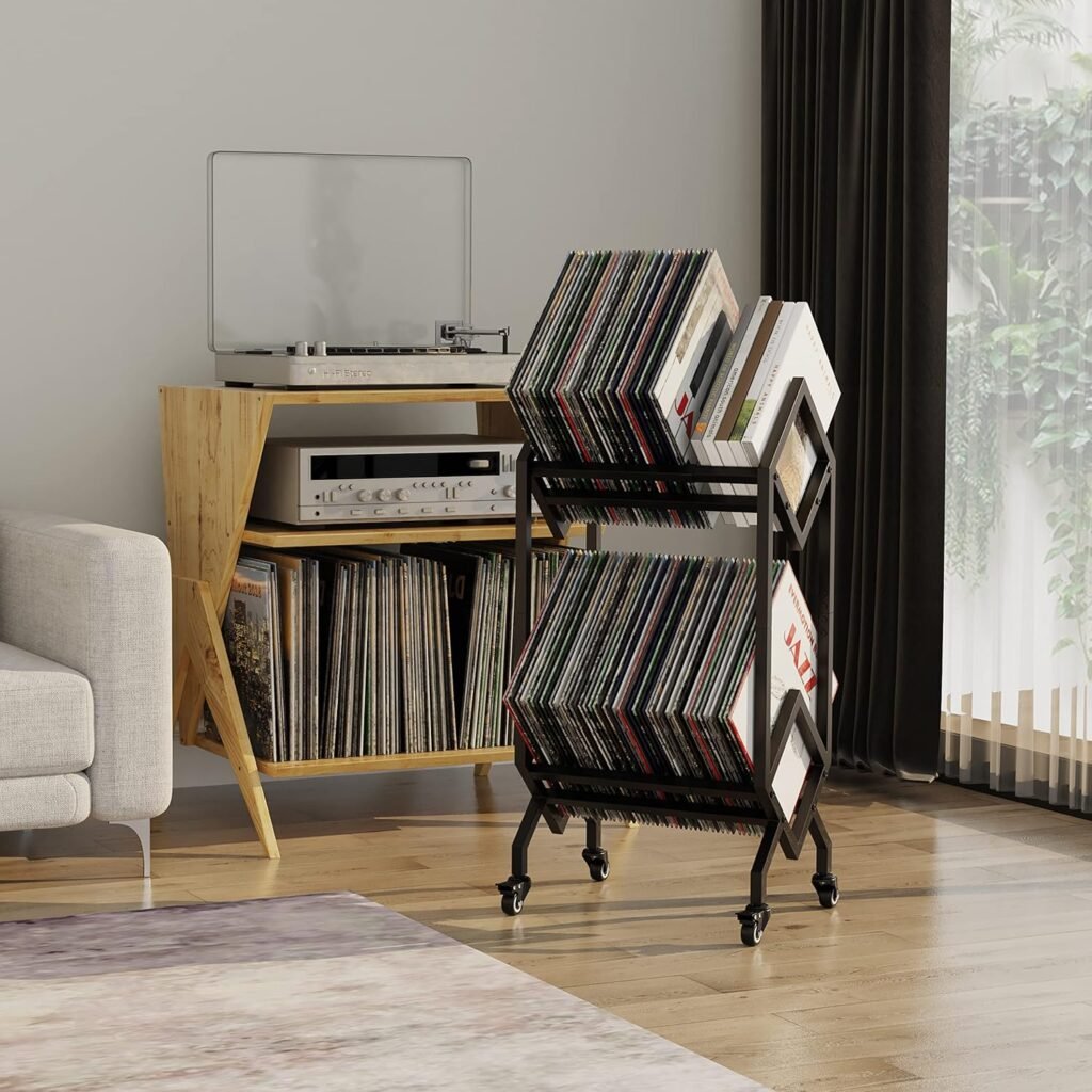 LP platenrek met wieltjes verplaatsbare vinyl opslag, mobiele LP display stand en organizer voor platen en kantoorbestanden