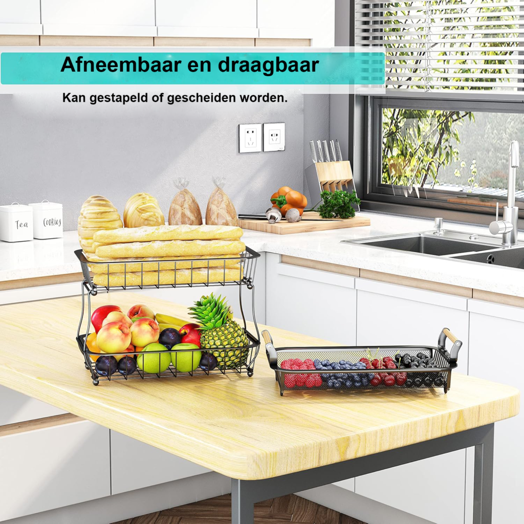 3-laags fruitmand met bananenhouder zwart metalen keukenrek voor fruit groente en snacks