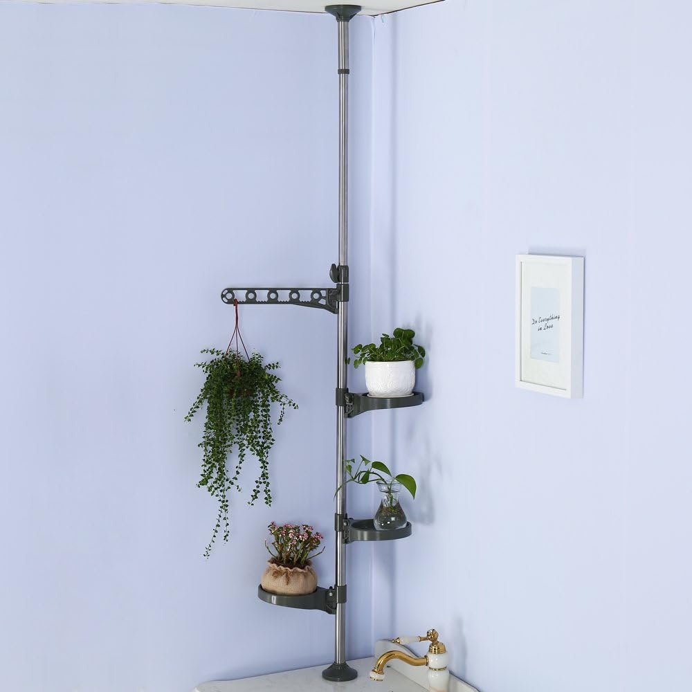 Telescopisch bloemenrek met 3 legplanken en 1 haak verstelbaar metalen plantenstandaard grijs voor woonkamer en balkon