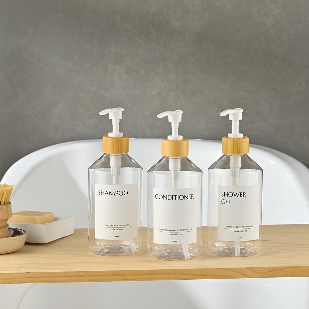 Zeepdispenser set van 3 met wandmontage zonder boren, 500 ml transparante flessen en witte bamboe houders voor keuken en badkamer.