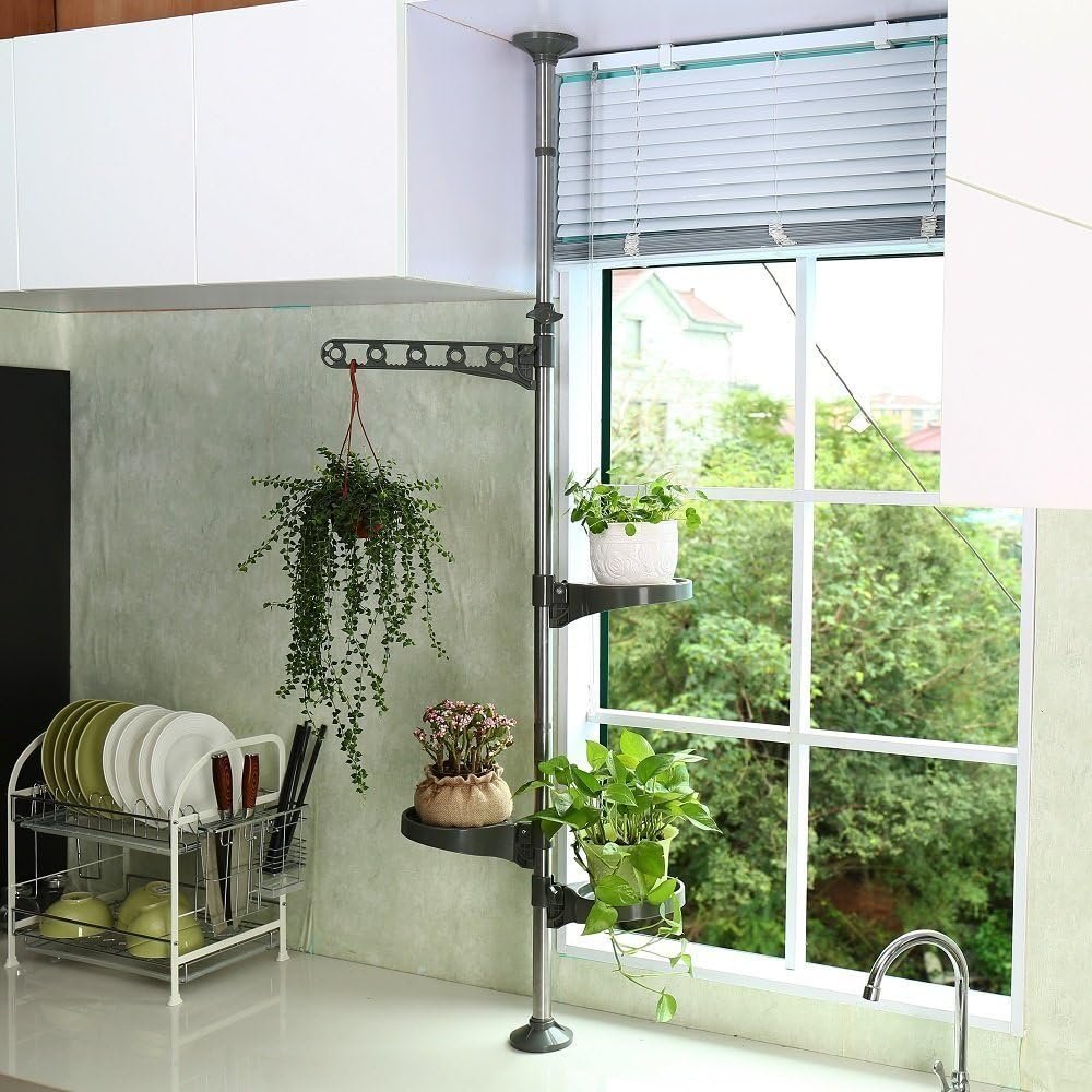 Telescopisch bloemenrek met 3 legplanken en 1 haak verstelbaar metalen plantenstandaard grijs voor woonkamer en balkon