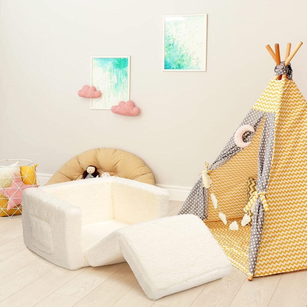 2-in-1 kindersofa bed sherpa wit omvormbare peutersofa ligstoel kinderbank slaapfunctie knuffelstof meisjes jongens