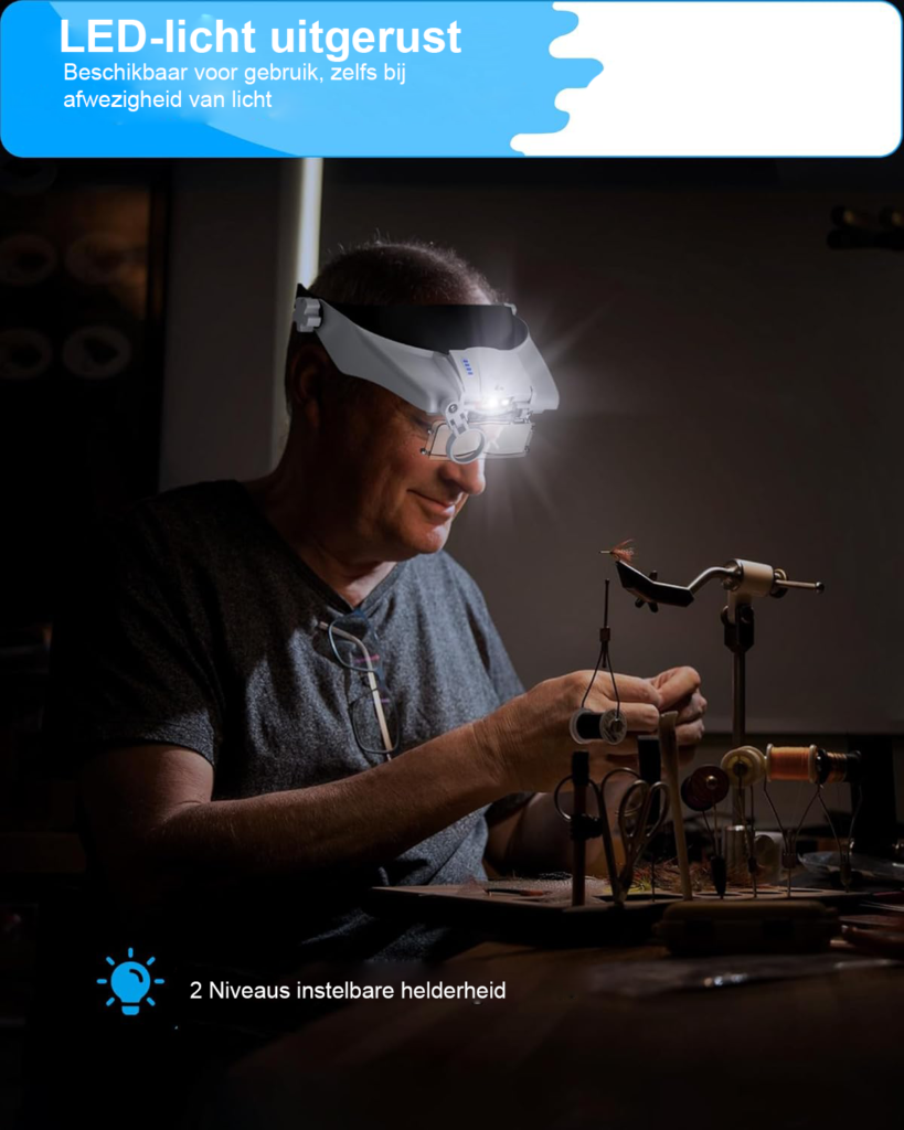 Vergrootglas bril met LED licht en 5 verwisselbare lenzen voor lezen, reparaties en sieradenbewerking met hoofdband en Type-C opladen wit